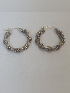 AAJ Vintage Sterling Silver 925 10K Solid Gold Chain Twisted Wire Hoop Earrings